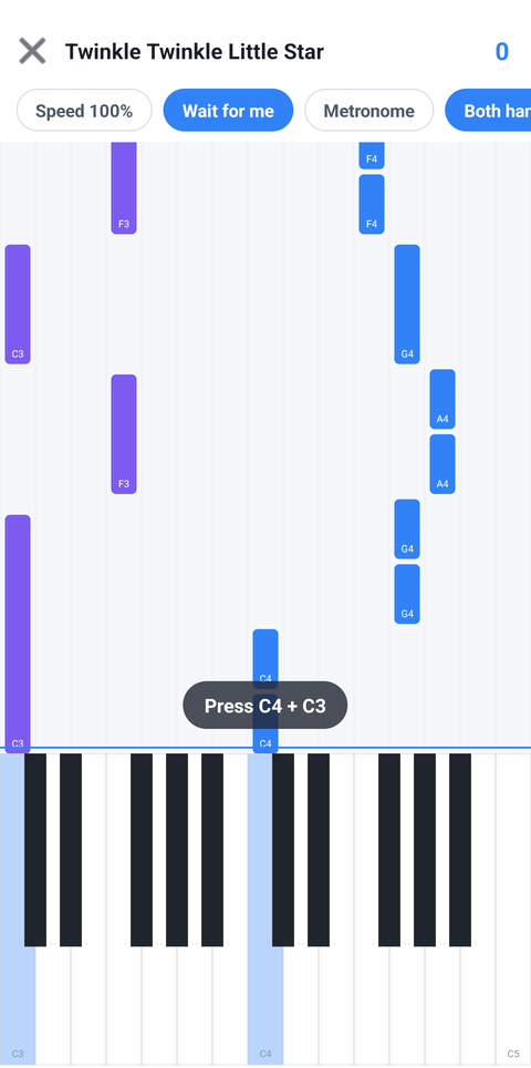 Both hands — the right hand falls in blue, the left hand in purple