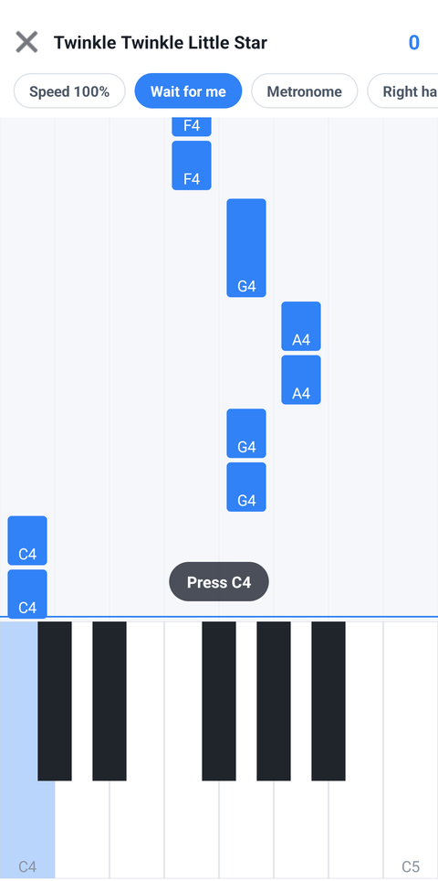 Playing Twinkle, Twinkle, Little Star in Freano — the notes fall and the key to press lights up