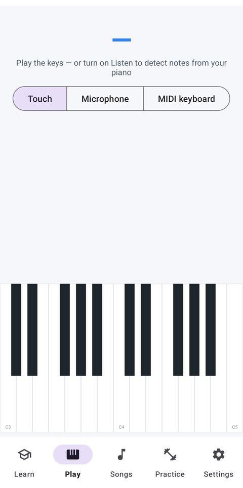 The play tab — touch, microphone or MIDI keyboard